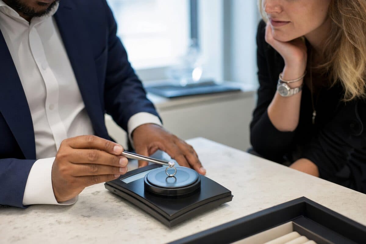 Jeweller weighing a diamond ring on a precision scale while the client watches